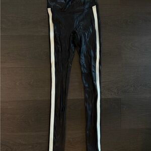 SPANX Faux Leather Black Leggings with White Stripes